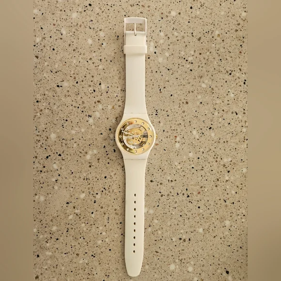 Swatch White Silicone Watch with Gold Transparent Dial and Swarovski Crystals - Picture 3 of 11